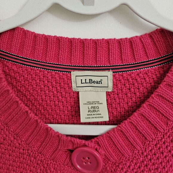 LL Bean Cardigan Sweater Womens Large Pink Knit Button Front 3/4 Sleeves Cotton - Picture 2 of 9